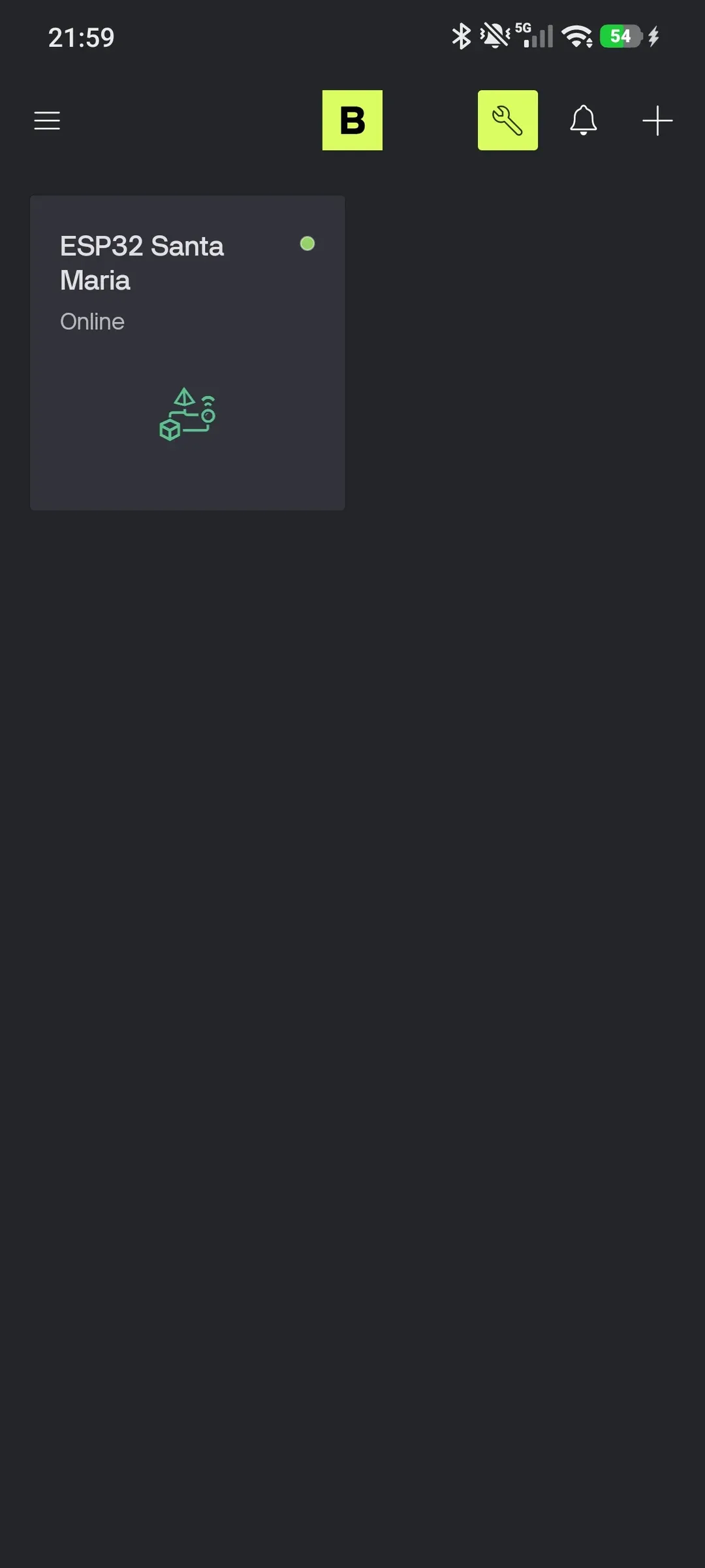 Interface do Blynk com o dispositivo “ESP32 Santa Maria” marcado como online.