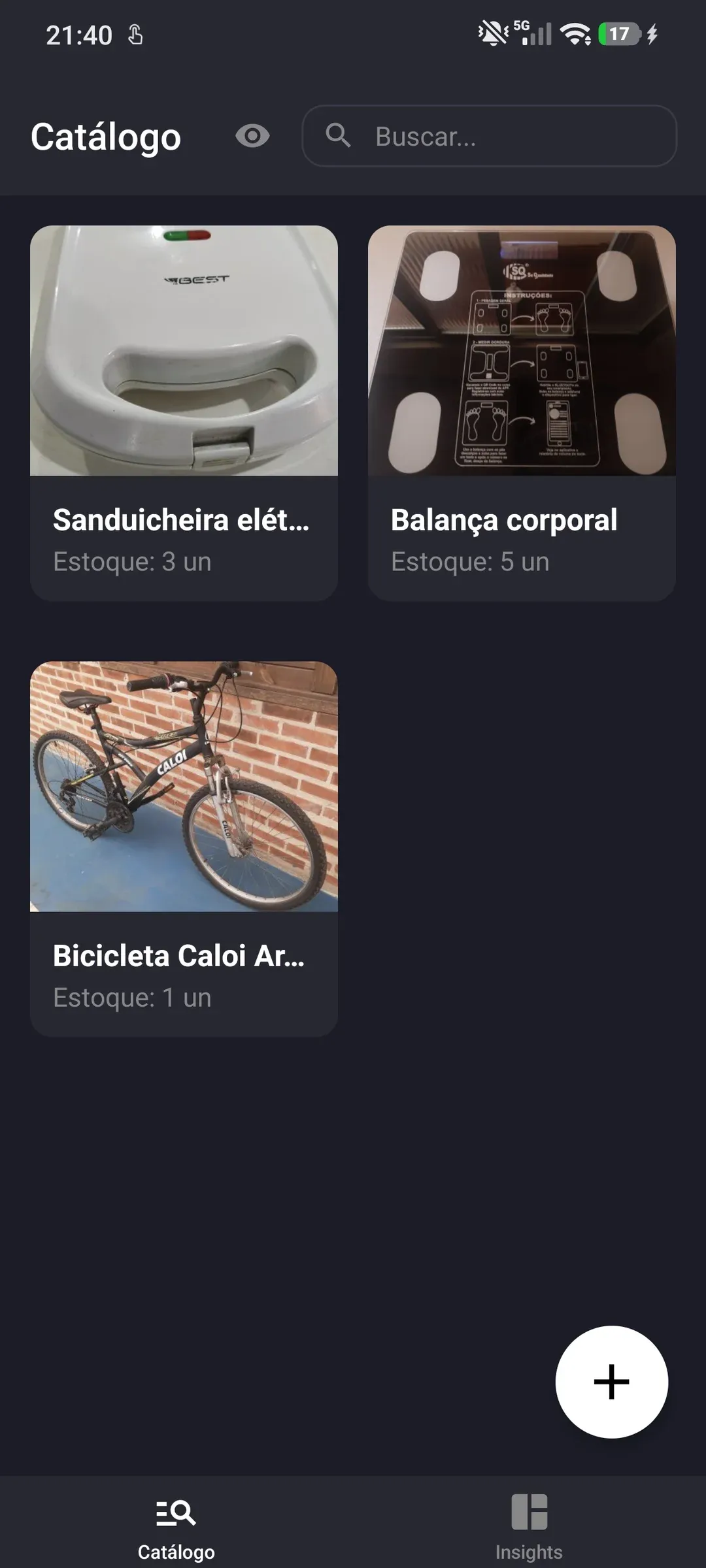 Tela de catálogo do StockApp com imagem, nome e unidades de cada produto.