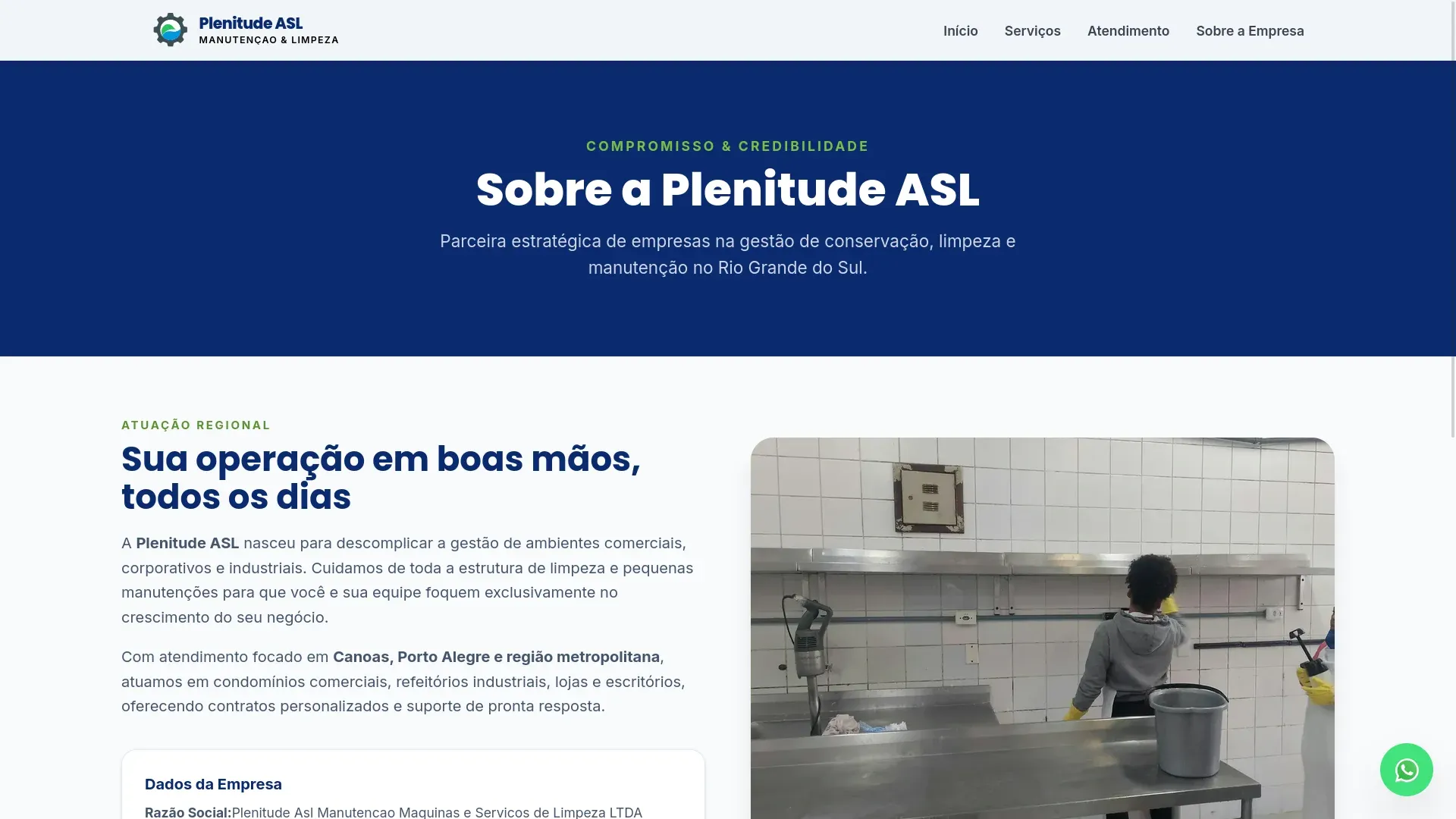 Página “Sobre a Plenitude ASL”, com o texto de atuação regional e uma foto de profissional em cozinha industrial.